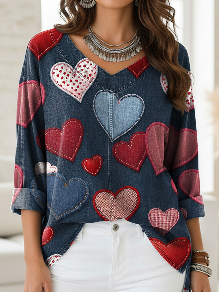 Women's Vintage Heart Art Print Casual Denim Shirt