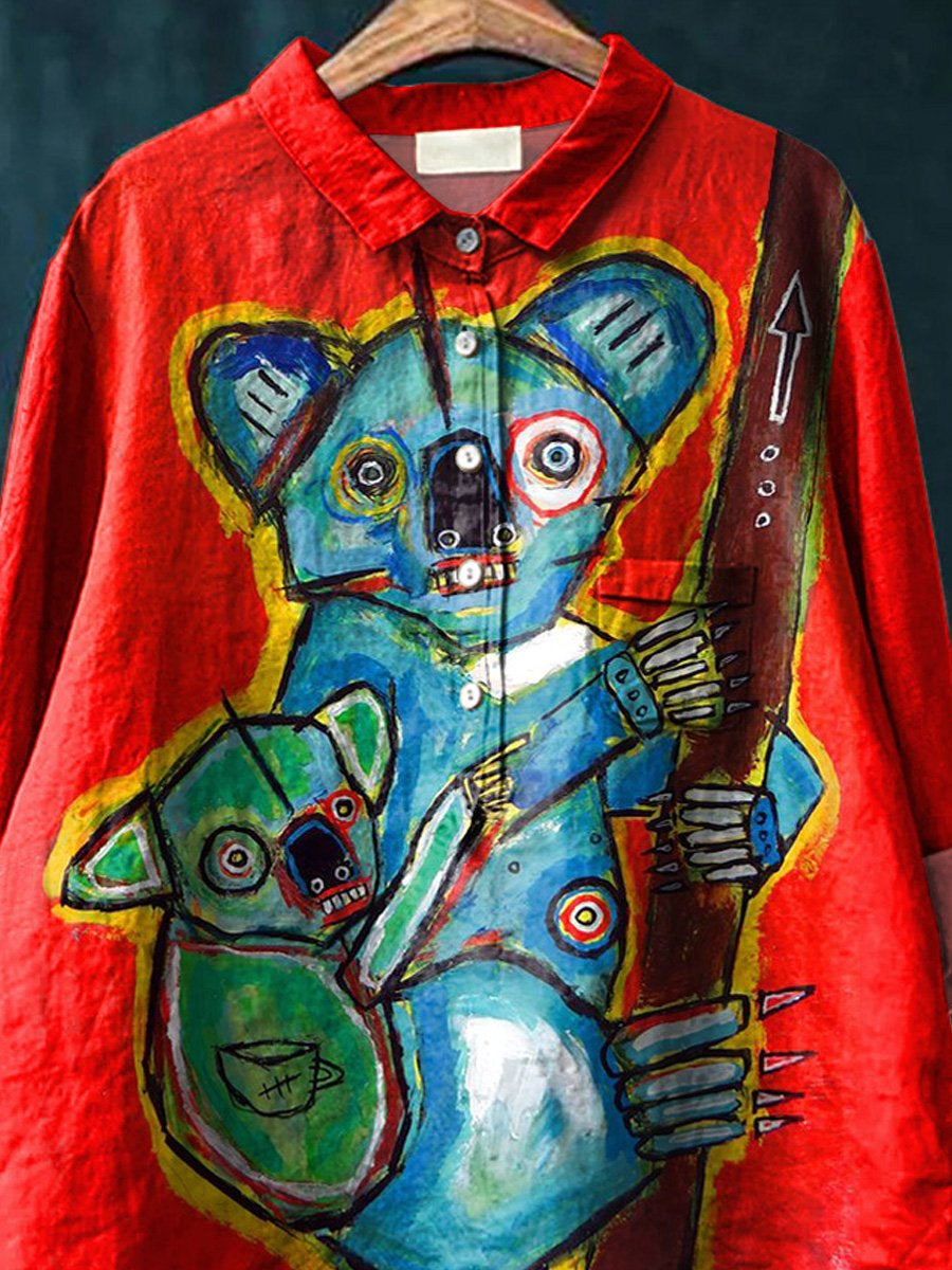 Abstract Koalas Art Printed Women's Casual Cotton And Linen Shirt