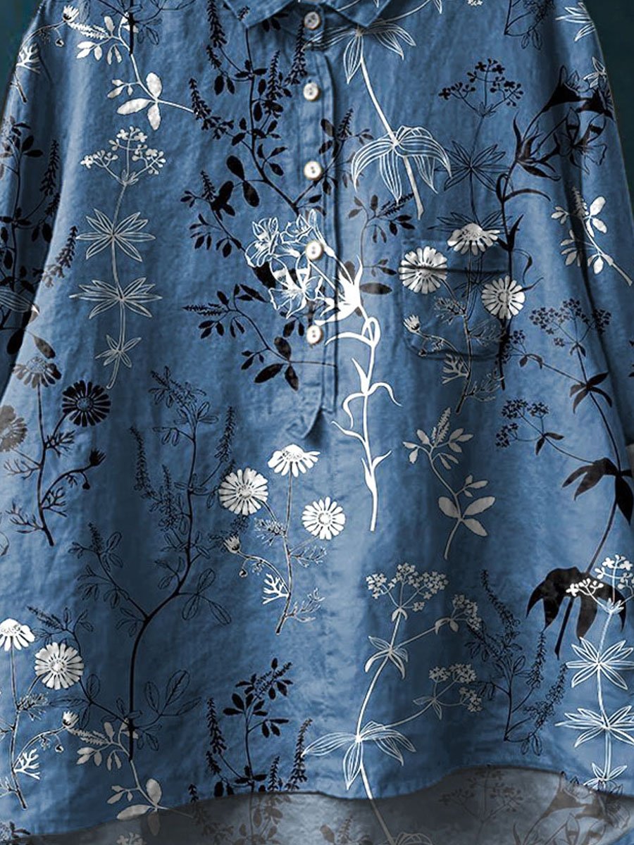 Women's Vintage Floral Art Print Casual Cotton And Linen Shirt