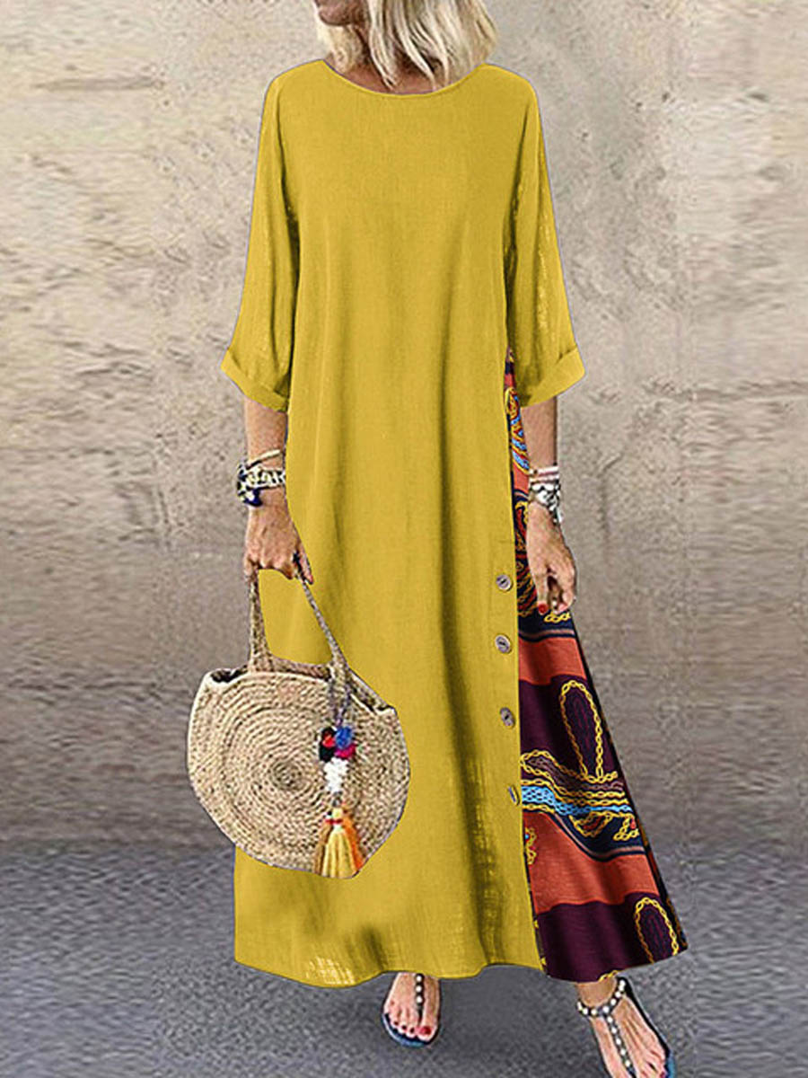 Women's Retro Floral Contrast Button Patchwork Cotton And Linen Casual Dress