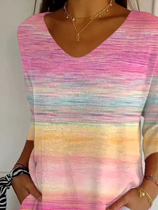 Casual Abstract V Neck Three Quarter Sleeve T-shirt