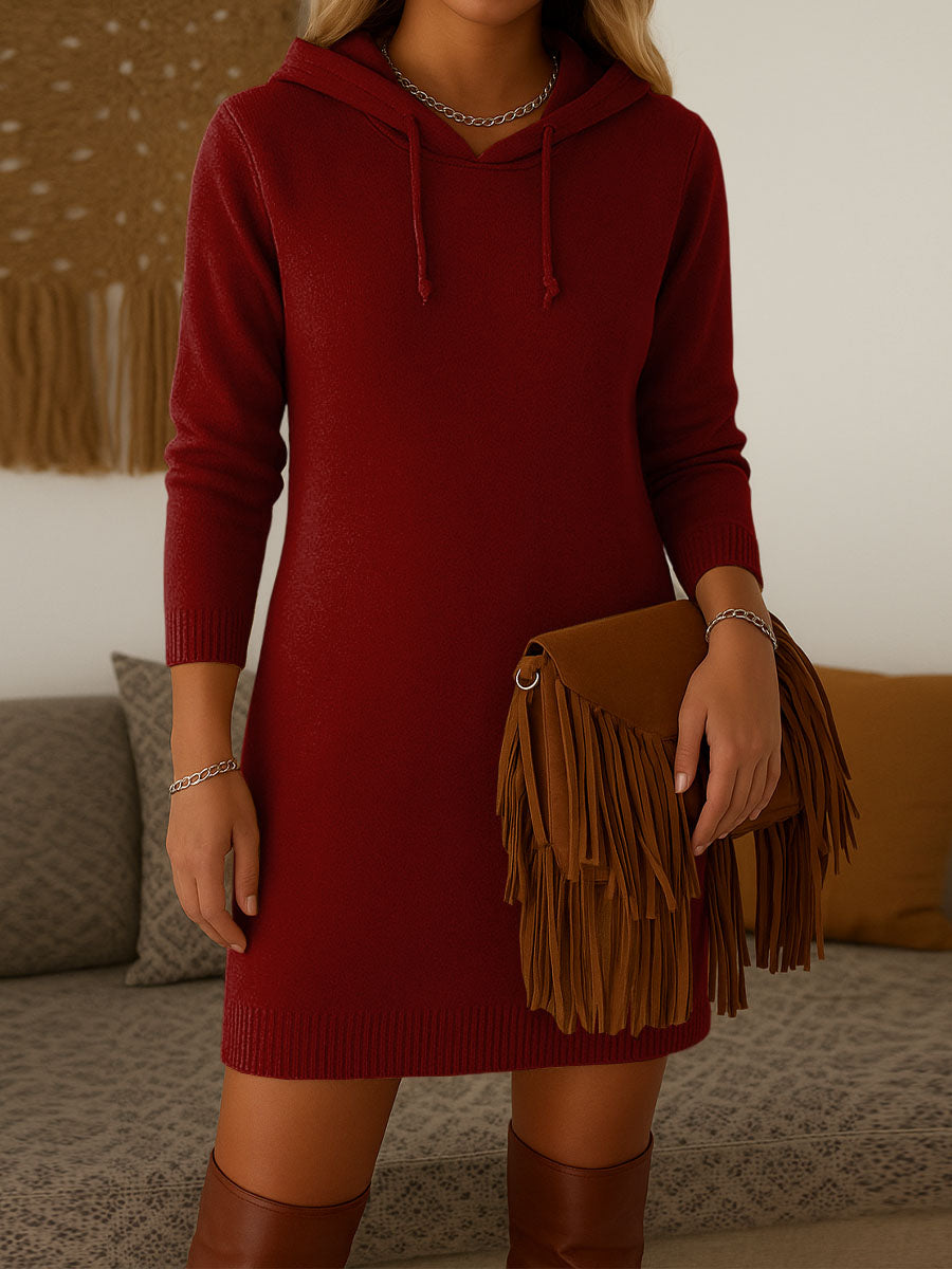 Women's Solid Color Long Sleeve Casual Loose Hooded Knit Dress