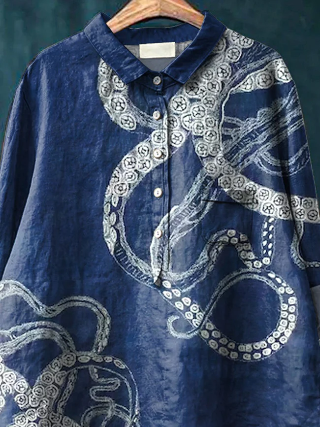 Japanese Style Octopus Tentacles Art Printed Women's Casual Cotton And Linen Shirt