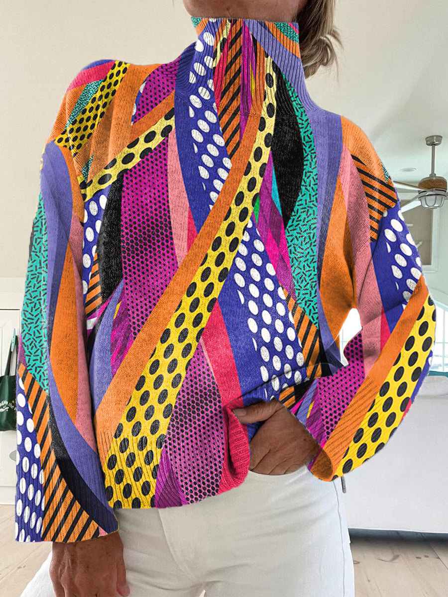 Abstract Geometric Pattern Printed Knit Turtleneck Pullover Sweater