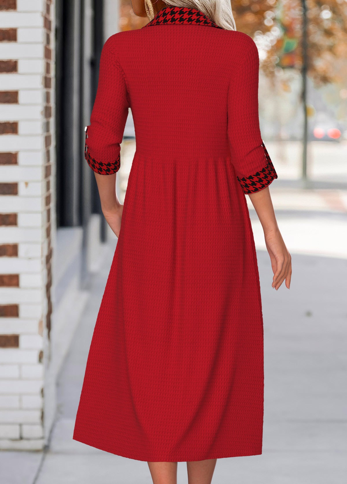 Wine Red Button Plaid Long Sleeve Shirt Collar Dress