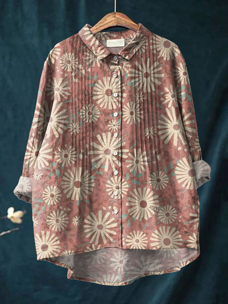 Women's Simple Floral Pattern Art Print Casual Cotton And Linen Ruffle Shirt