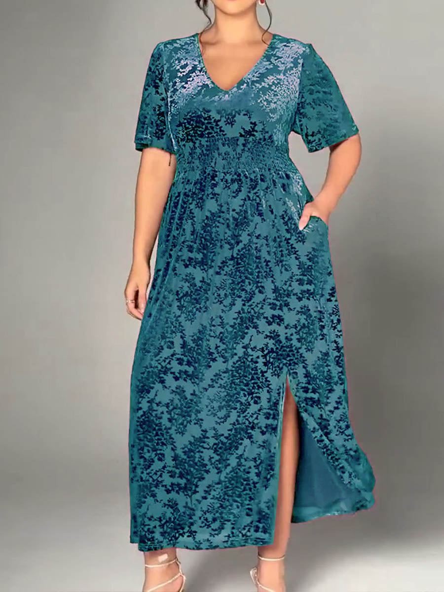 Women's Solid Color Velvet Devoré V-Neck Short Sleeve Casual Loose Dress