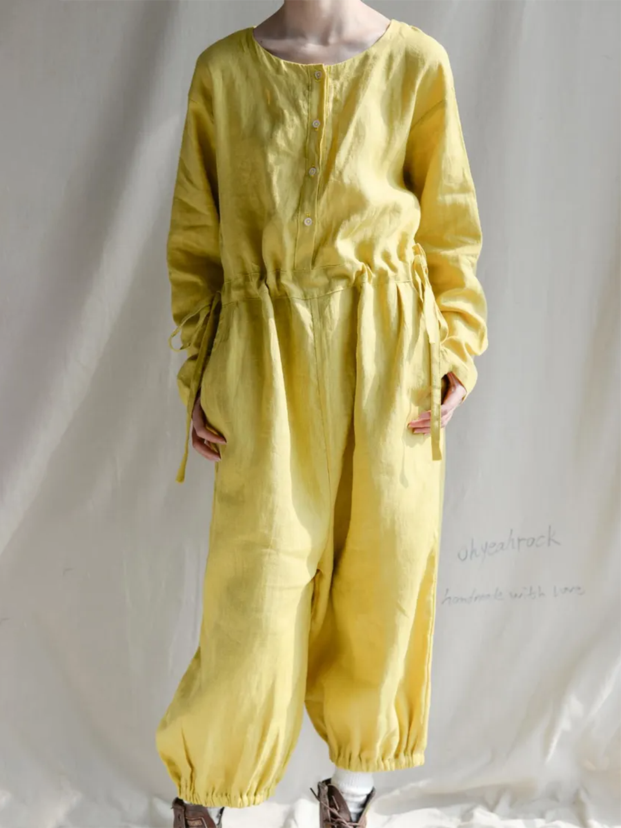 Women's Loose Waist Drawstring Organic Linen Jumpsuit