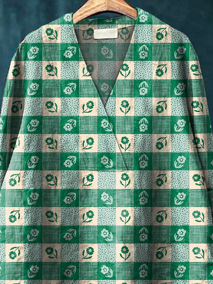Green Spring Floral Check Pattern Printed Women's Casual Cotton And Linen V-Neck Shirt