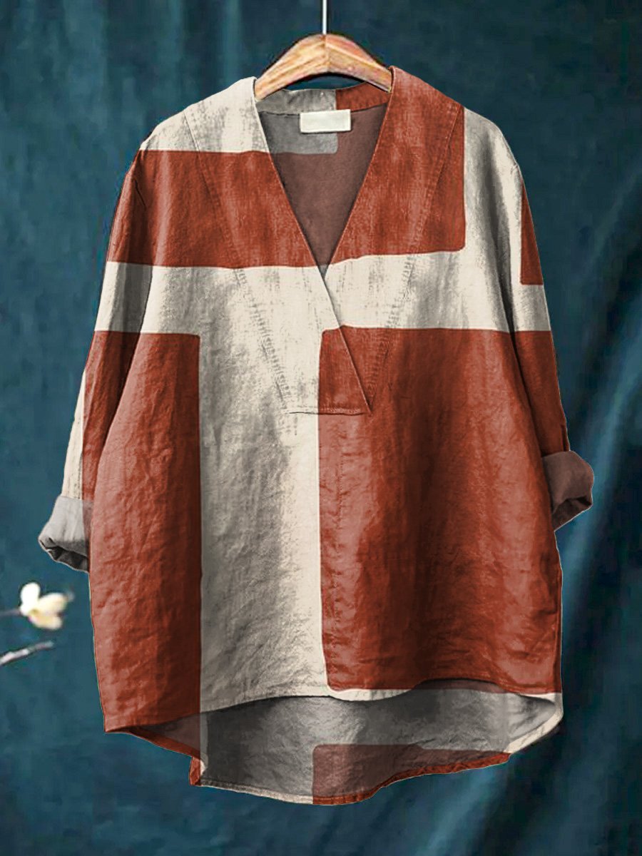 Abstract Color Block Pattern Printed Women's Casual Cotton And Linen V-Neck Shirt