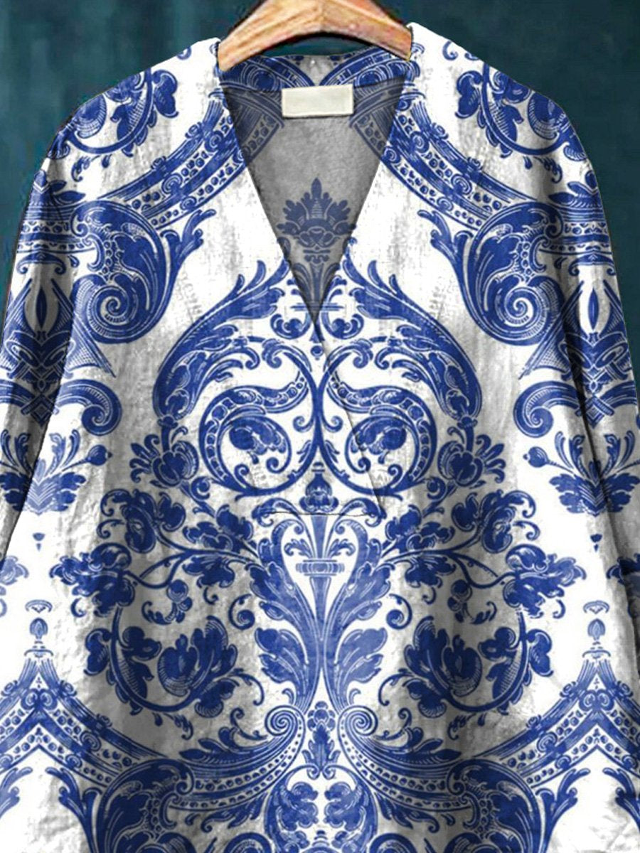 Ethnical Style Symmetrical Pattern Printed Women's Casual Cotton And Linen V-neck Shirt