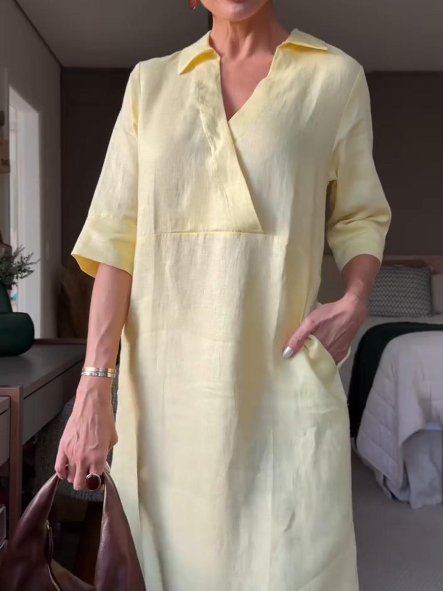 Women's Lapel V-Neck A-Line Loose Linen Midi Dress