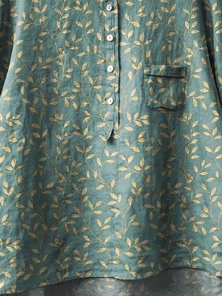 Women's Vintage Floral Art Print Casual Cotton And Linen Shirt