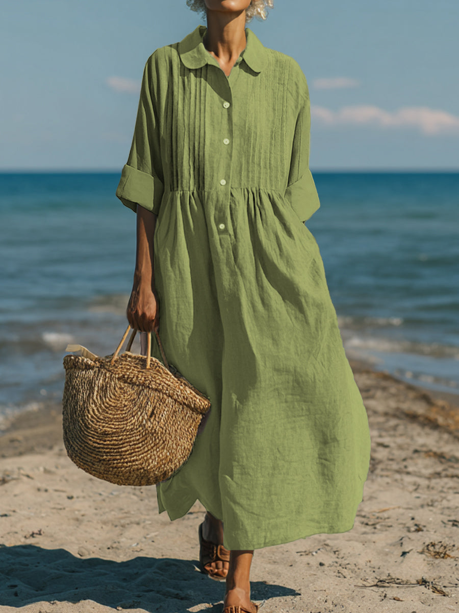 Women's Casual Linen Cotton Pleated Pocket Dress