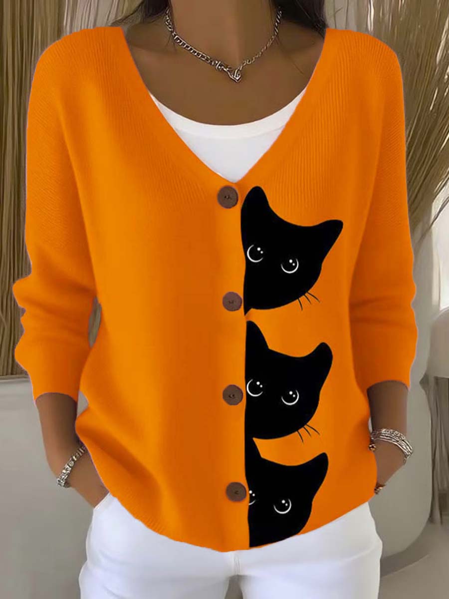 funny-cats-art-print-buttoned-v-neck-cardigan-sweater-ihxz