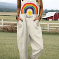 Women's Vintage Rainbow Peace Flower Art Print Casual 100% Cotton Wide Leg Jumpsuit