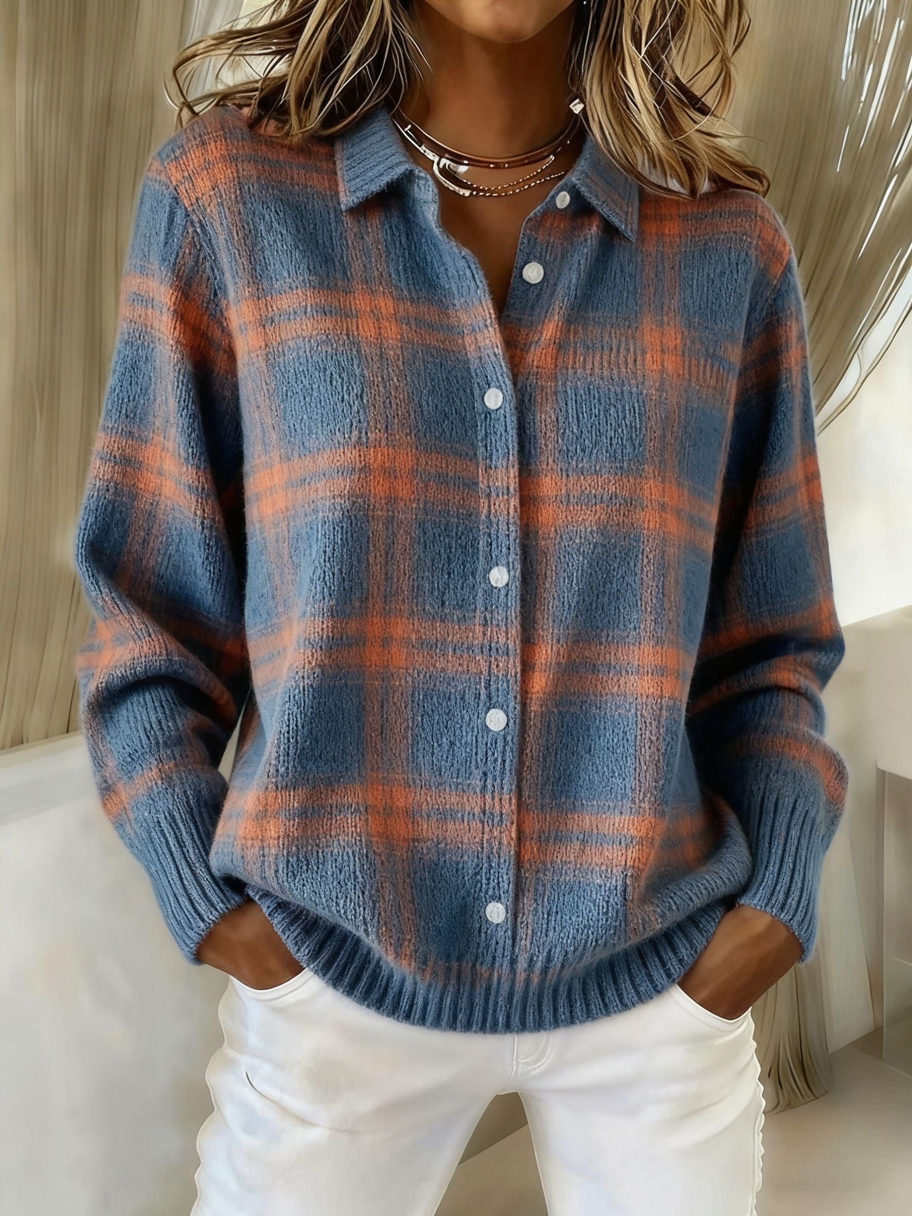 Women's Plaid Print Casual Cotton Buttoned Cardigan Sweater