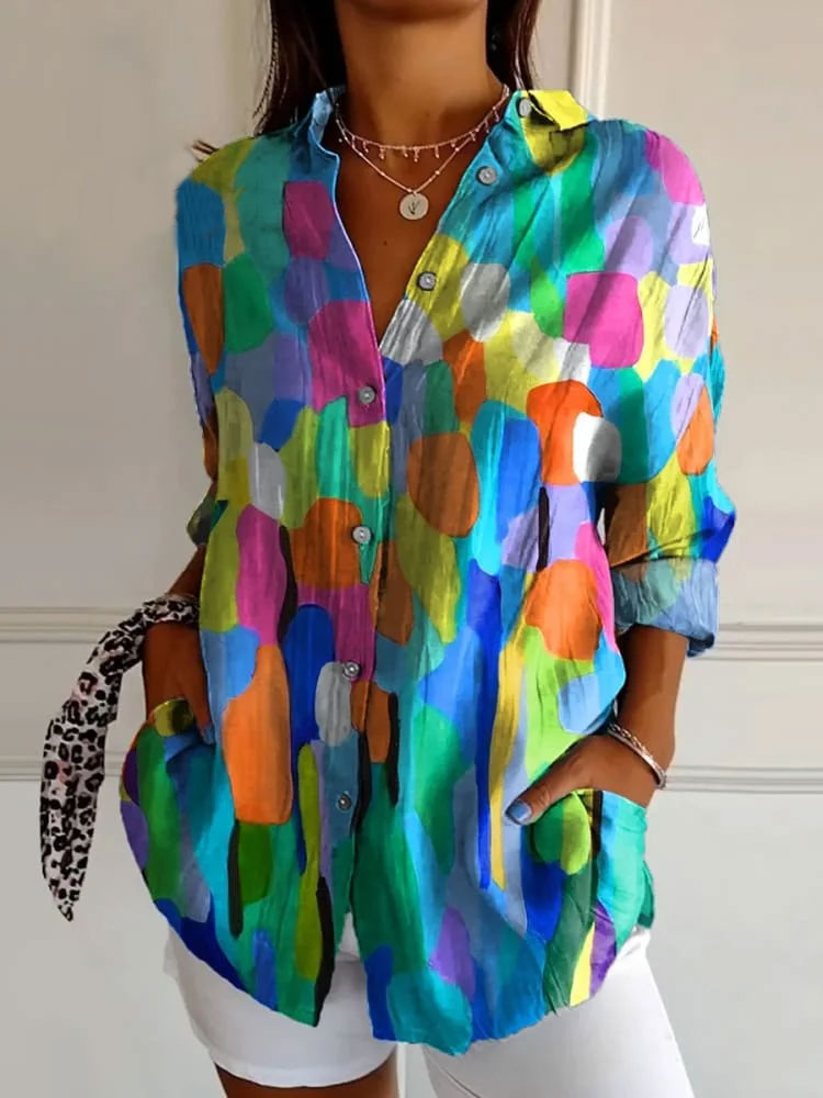 Abstract Summer Floral Garden Printed Women's Casual Cotton Shirt