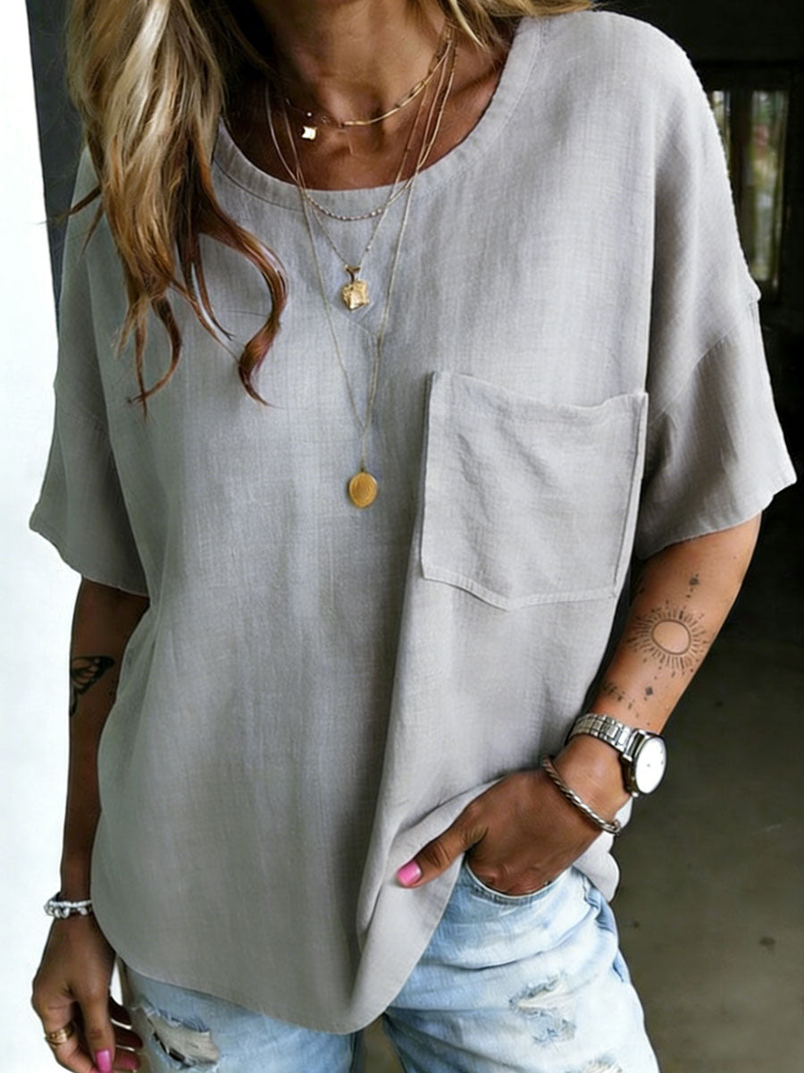 Women's Chest Pockets 100% Cotton Classic Loose Fit Round Neck T-shirt