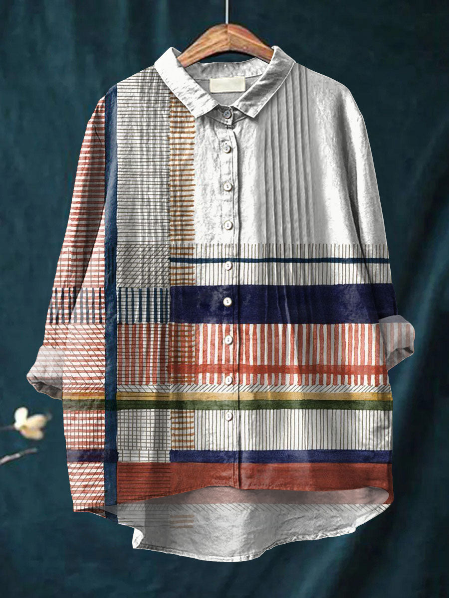 Women's Geometric Pattern Art Print Casual Cotton And Linen Ruffle Shirt