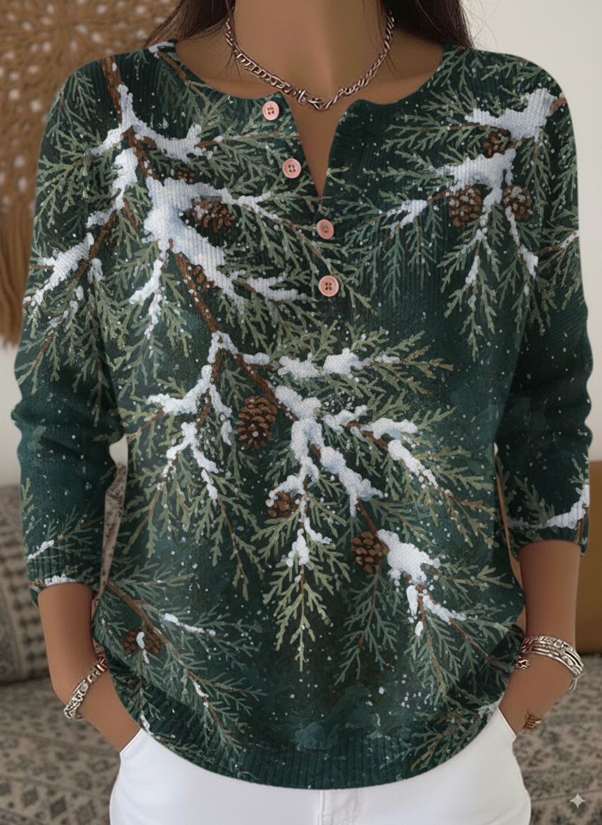 Women's Cozy Cedar Print Henley Neck Sweater Top