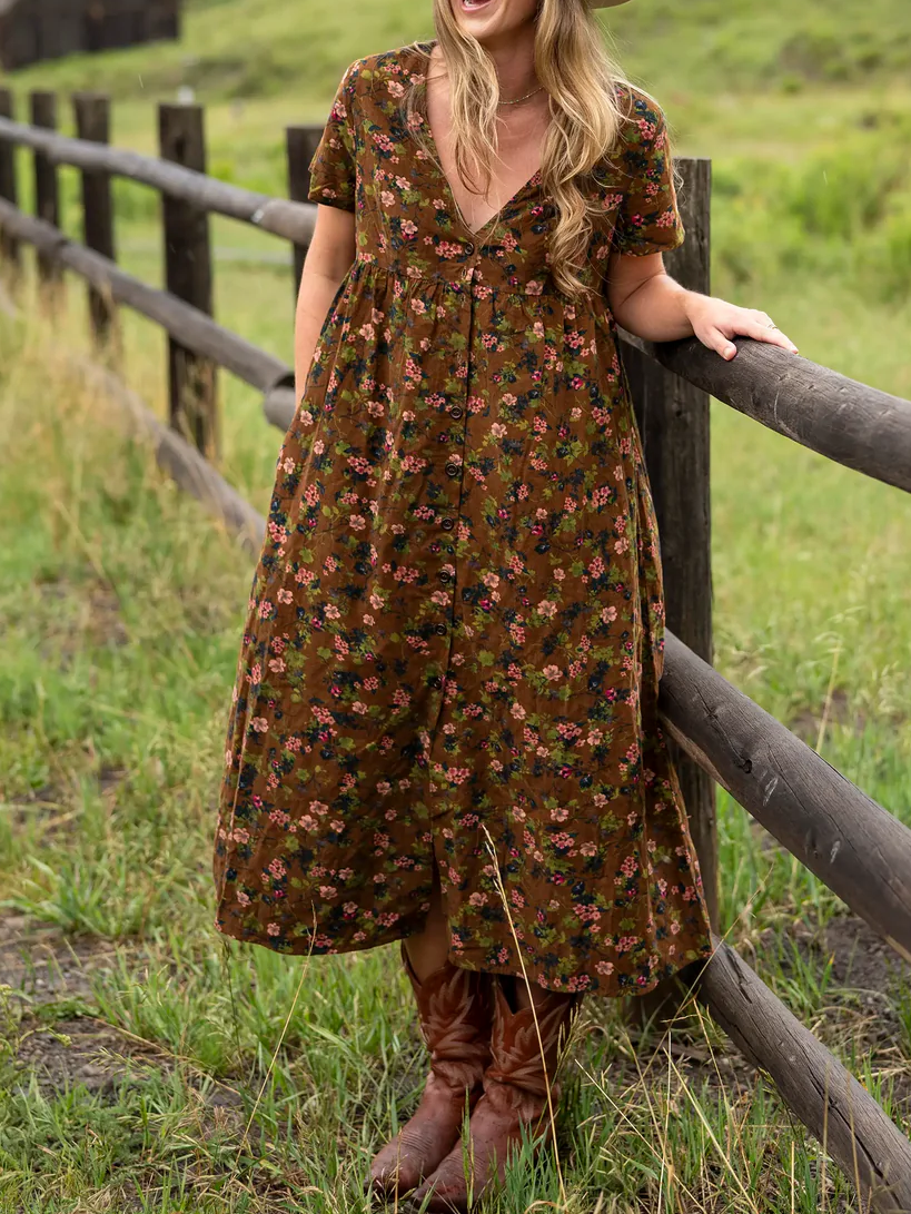 Boho Flower Patchwork Print V-neck Soft Midi Dress