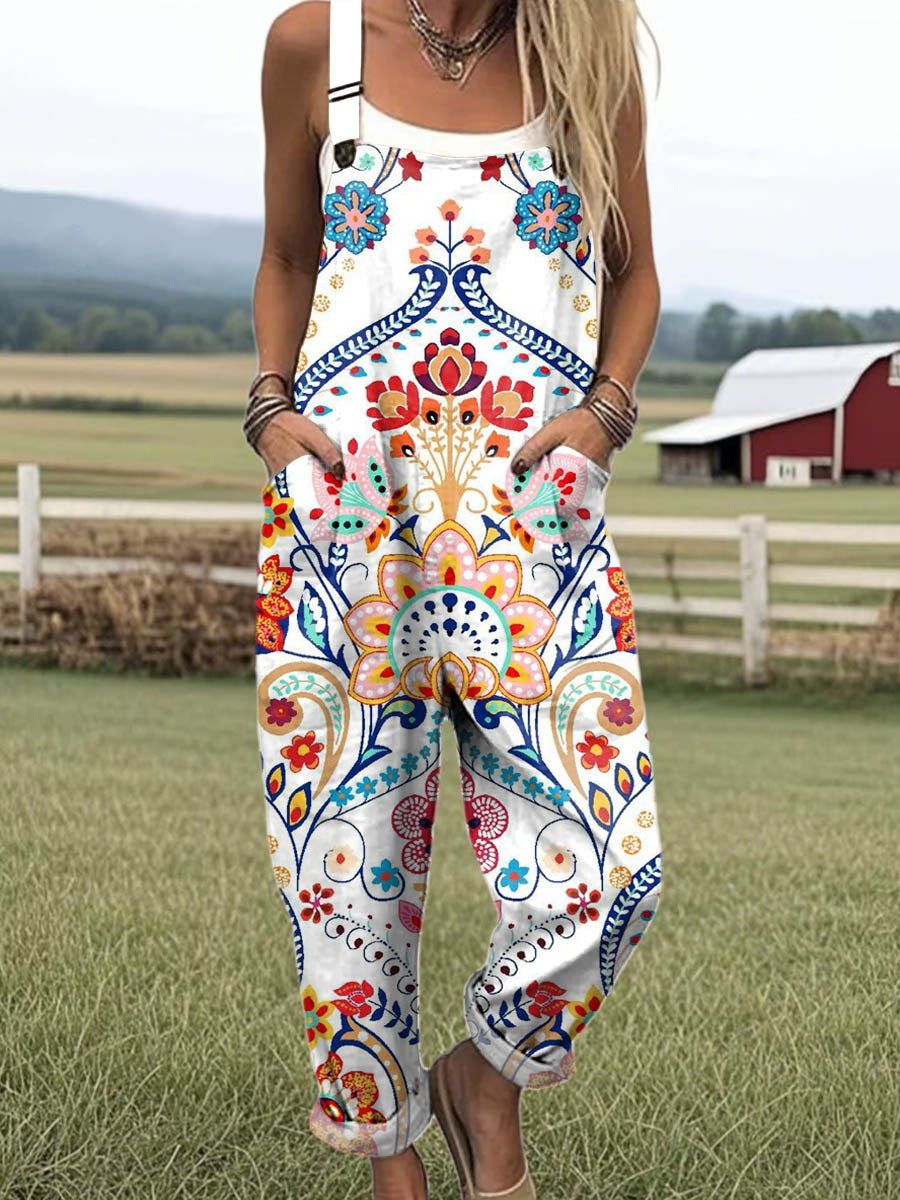 Women's Vintage Floral Art Print Casual 100% Cotton Wide Leg Jumpsuit