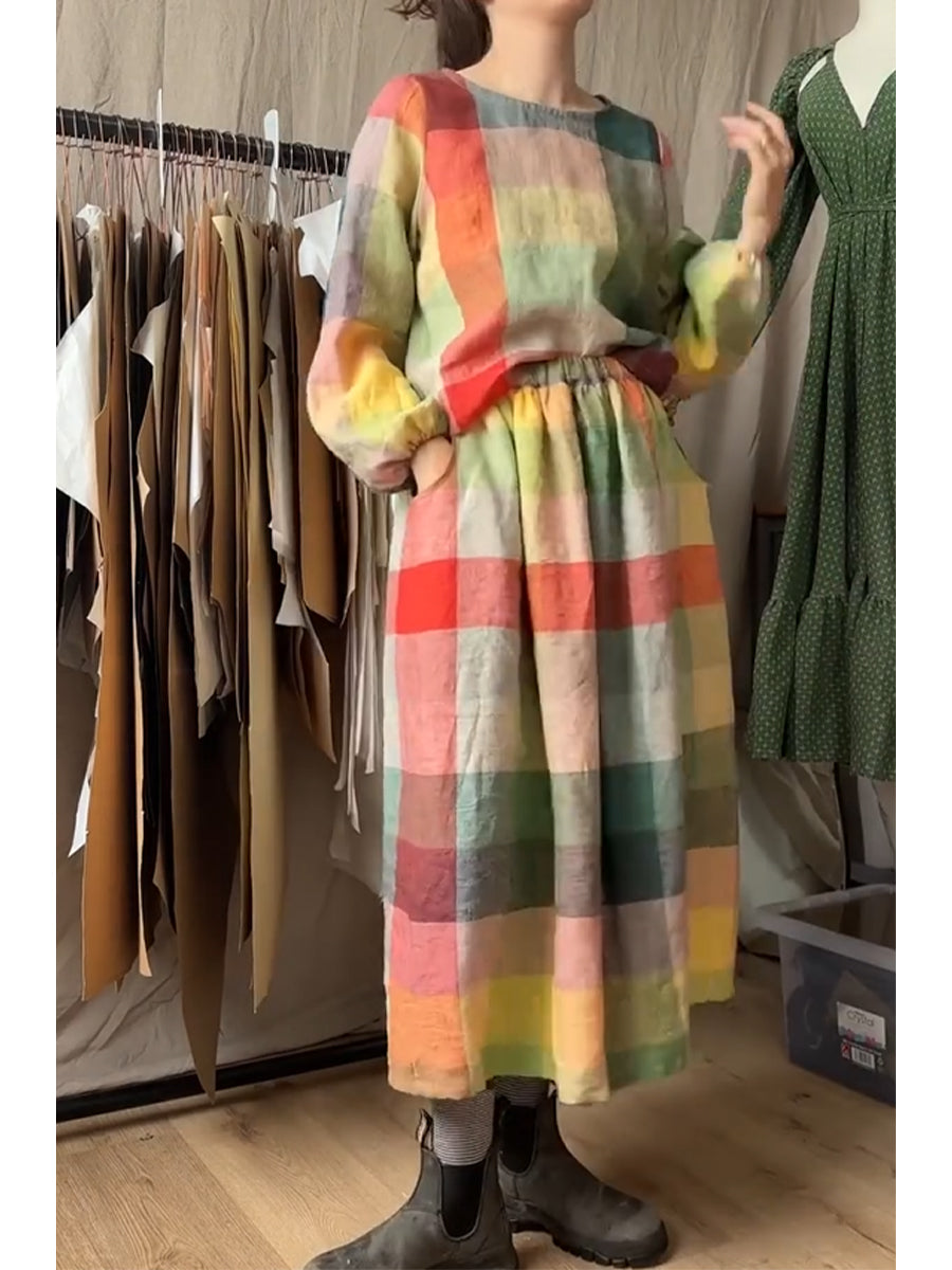 Women's Cotton And Linen Plaid Top And Skirt Two-Piece Set