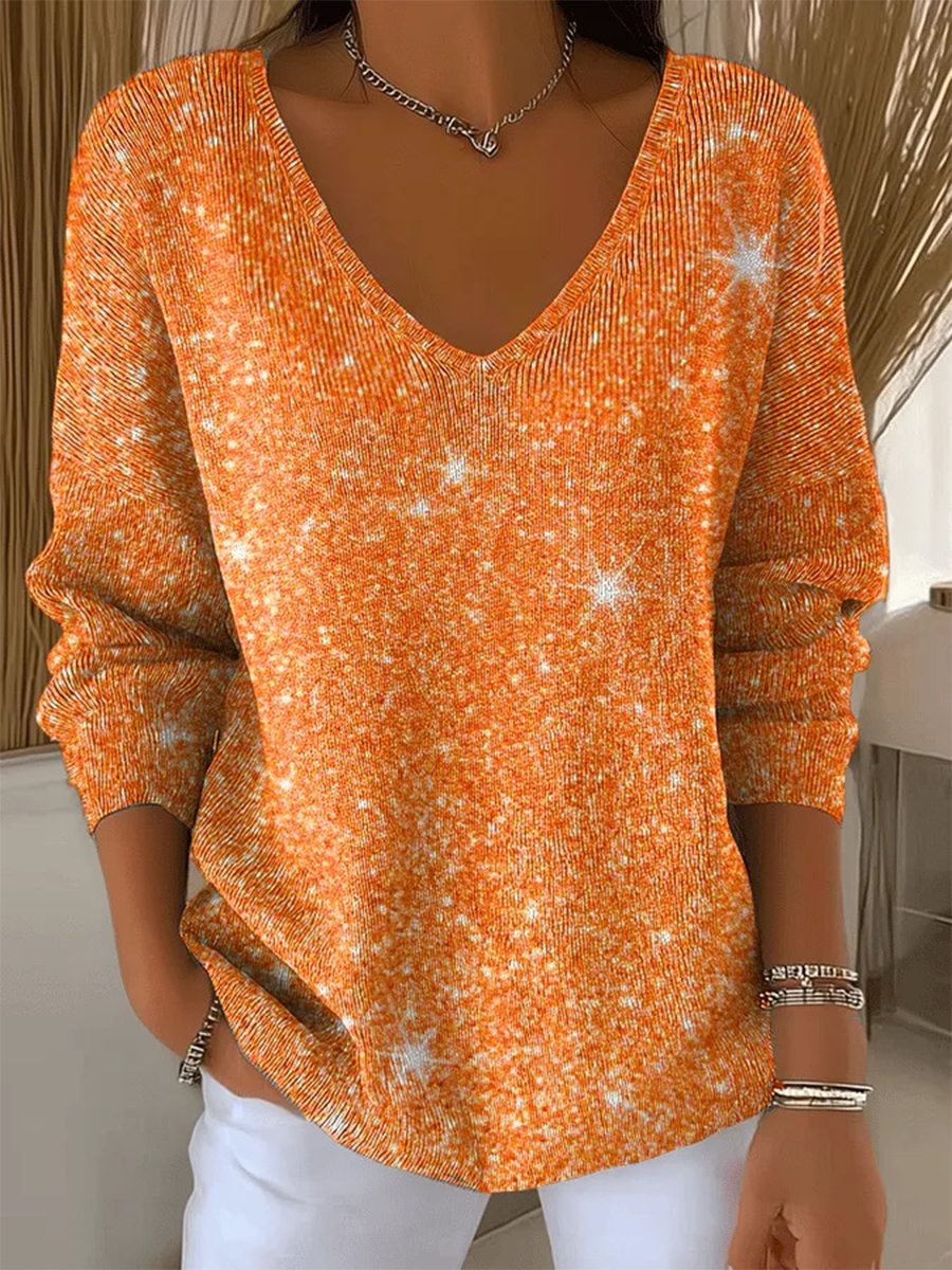 Women's V-neck Shiny Printed Sweater Top Orange