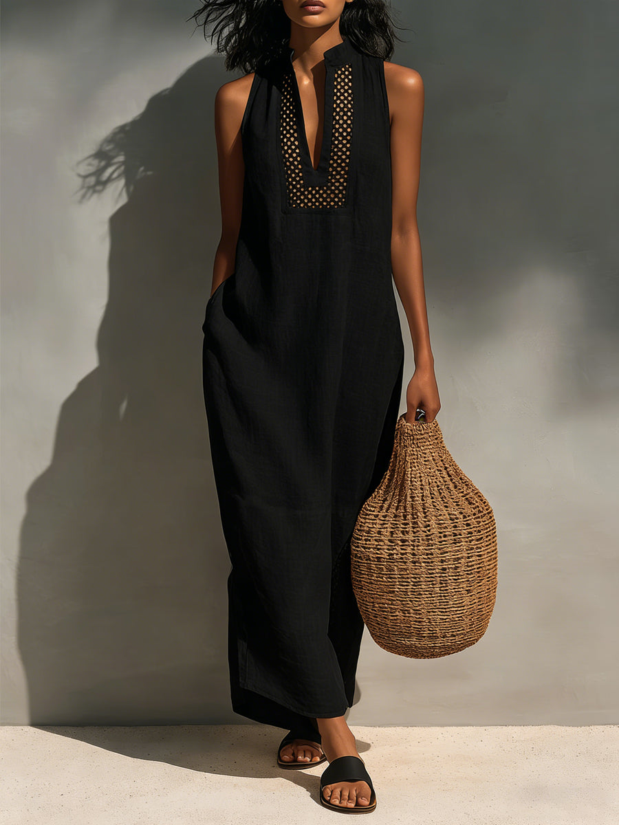 Women's Minimalist Sleeveless Maxi Dress With Cutout Neckline