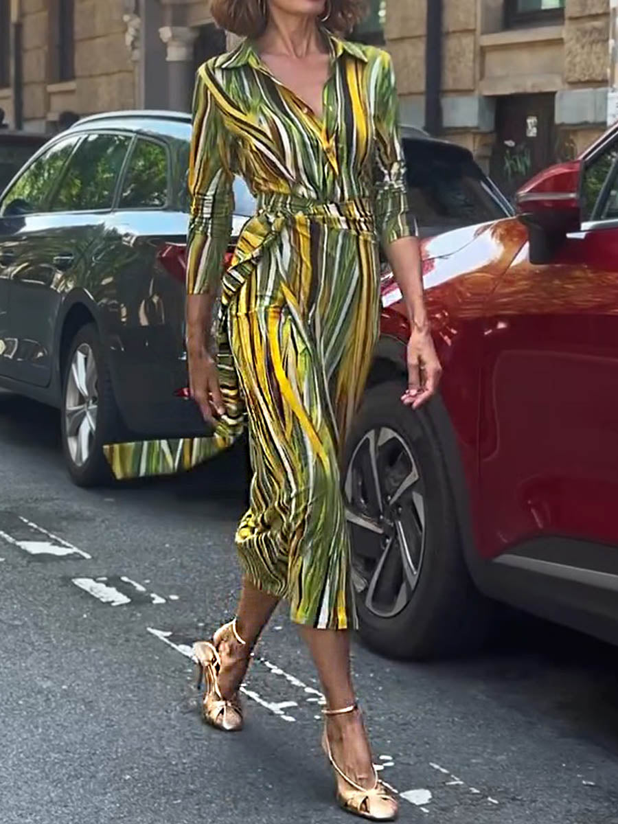 Women's Shirt Collar Long Sleeve Abstract Geometric Print Waisted Hip Dress