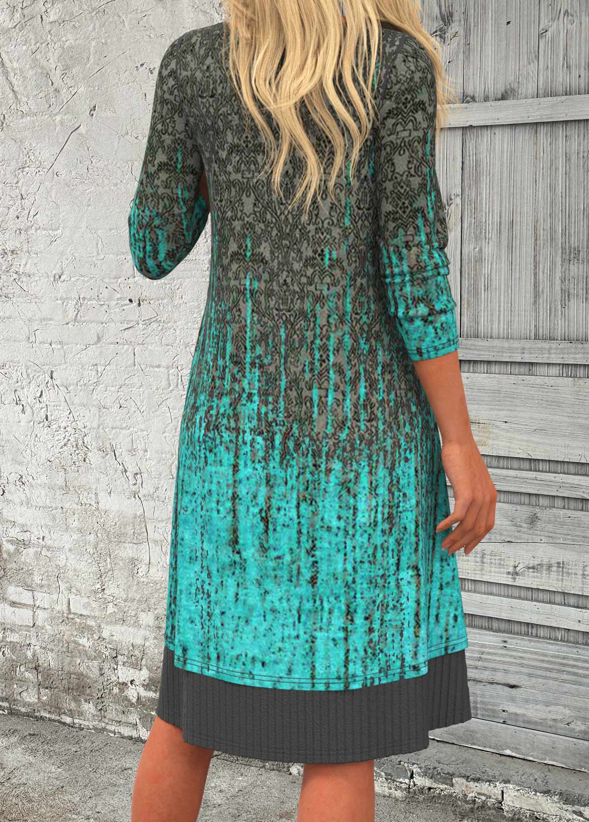 Cyan Patchwork Ombre A Line 3/4 Sleeve Dress
