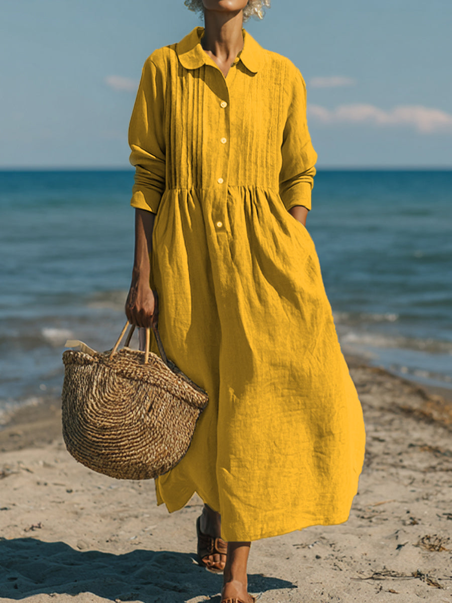 Women's Casual Linen Cotton Pleated Pocket Dress