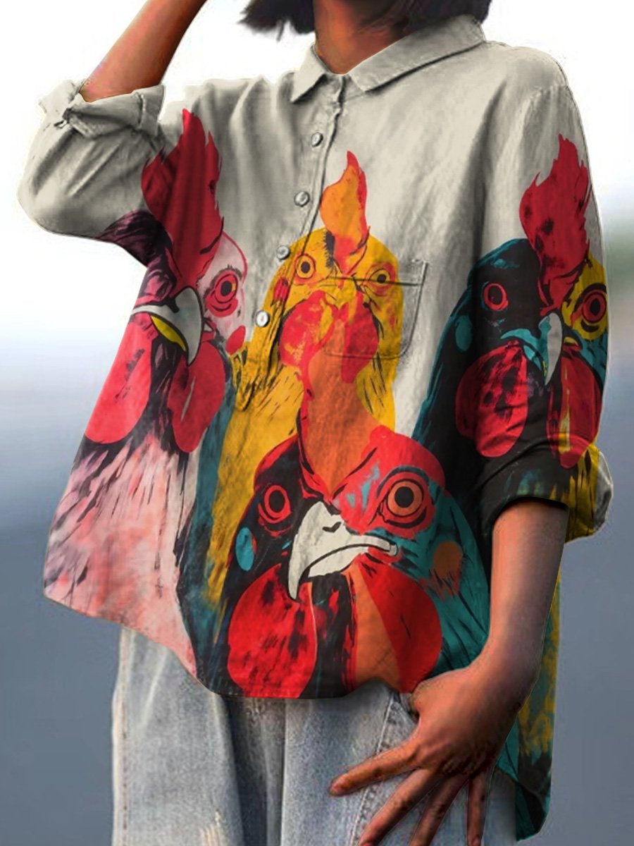 Women's Vintage Hand Painted Chicks Print Casual Cotton And Linen Shirt