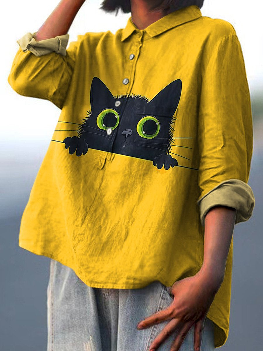 Lovely Black Cat Graphic Printed Women's Casual Cotton And Linen Shirt