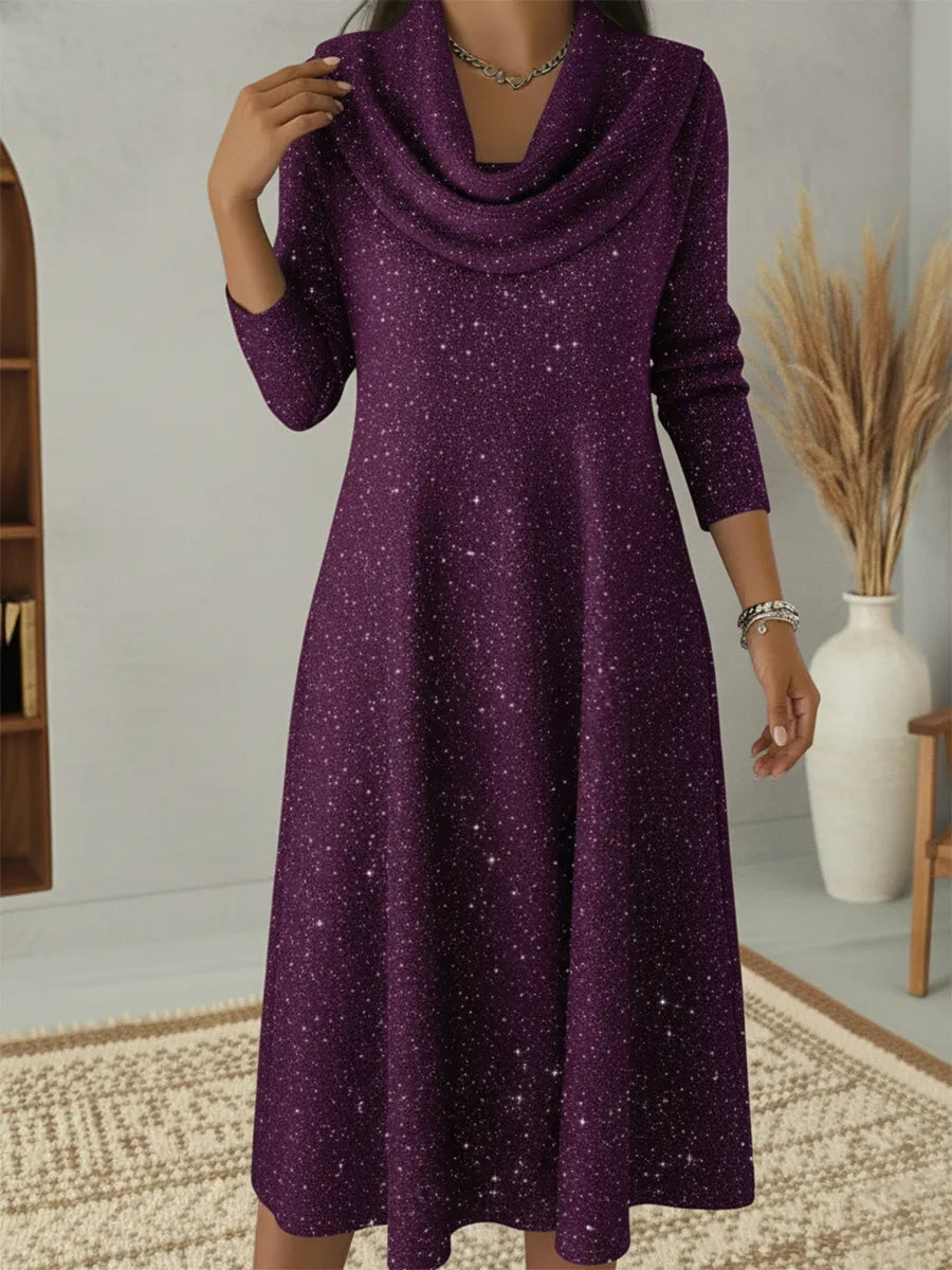 Elegant Christmas Cowl Neck Shiny A-line Midi Dress