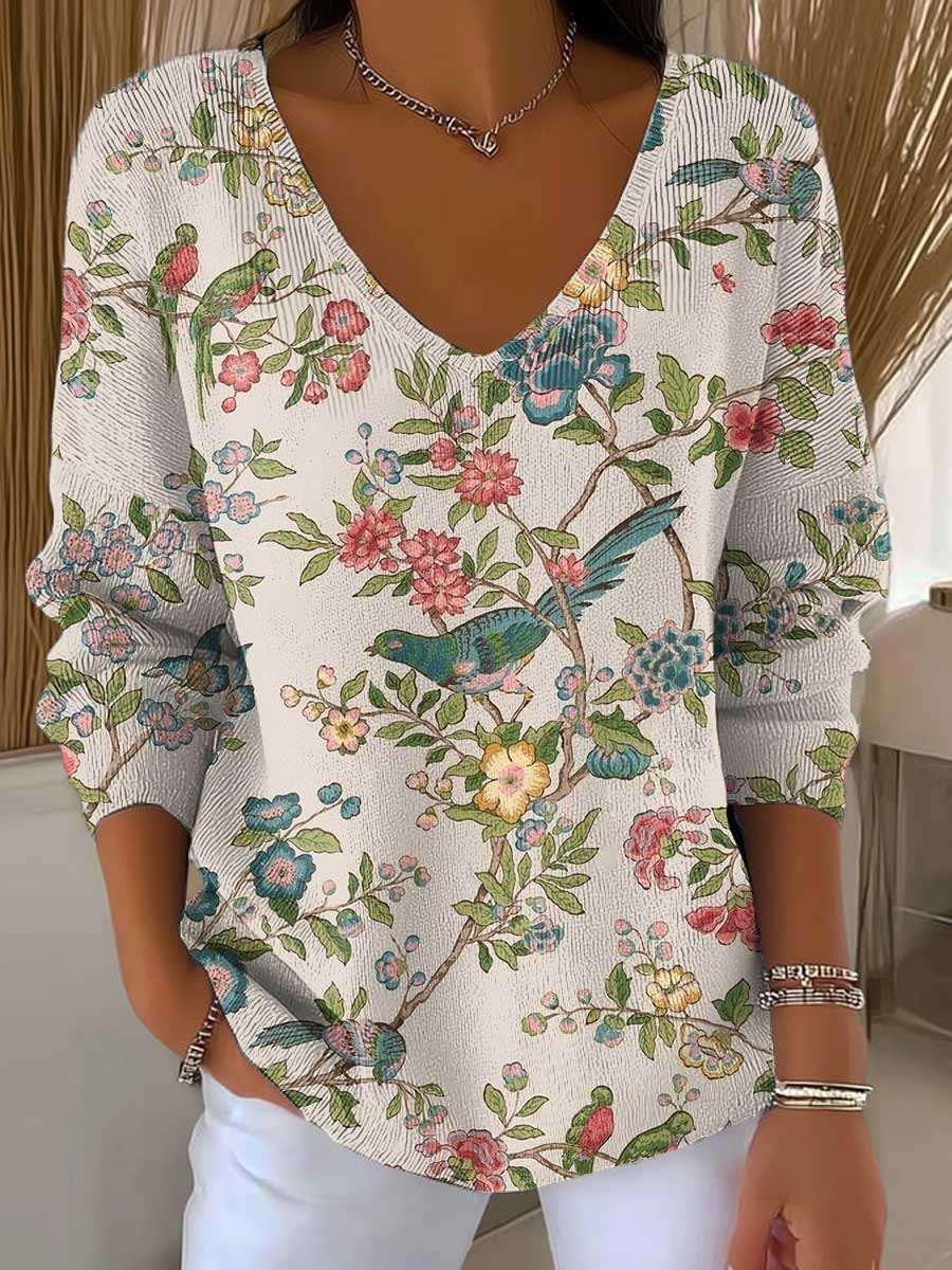 Women's Floral Birds Art Print Casual Pullover Sweater
