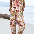 Women's Vintage Flowers Art Print Casual 100% Cotton Wide Leg Jumpsuit