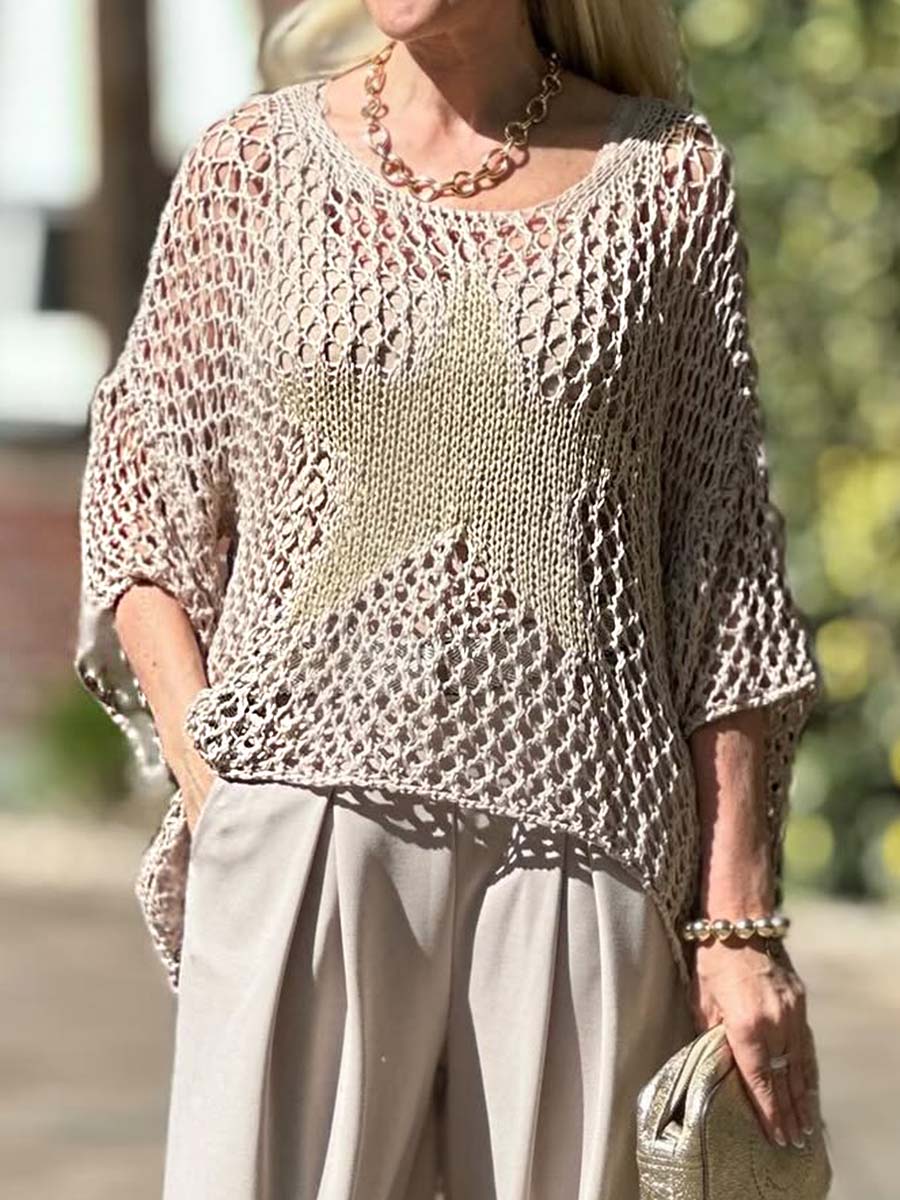 Women's Round Neck 3/4 Sleeves Five-Pointed Star Hollow Knitted Casual Top