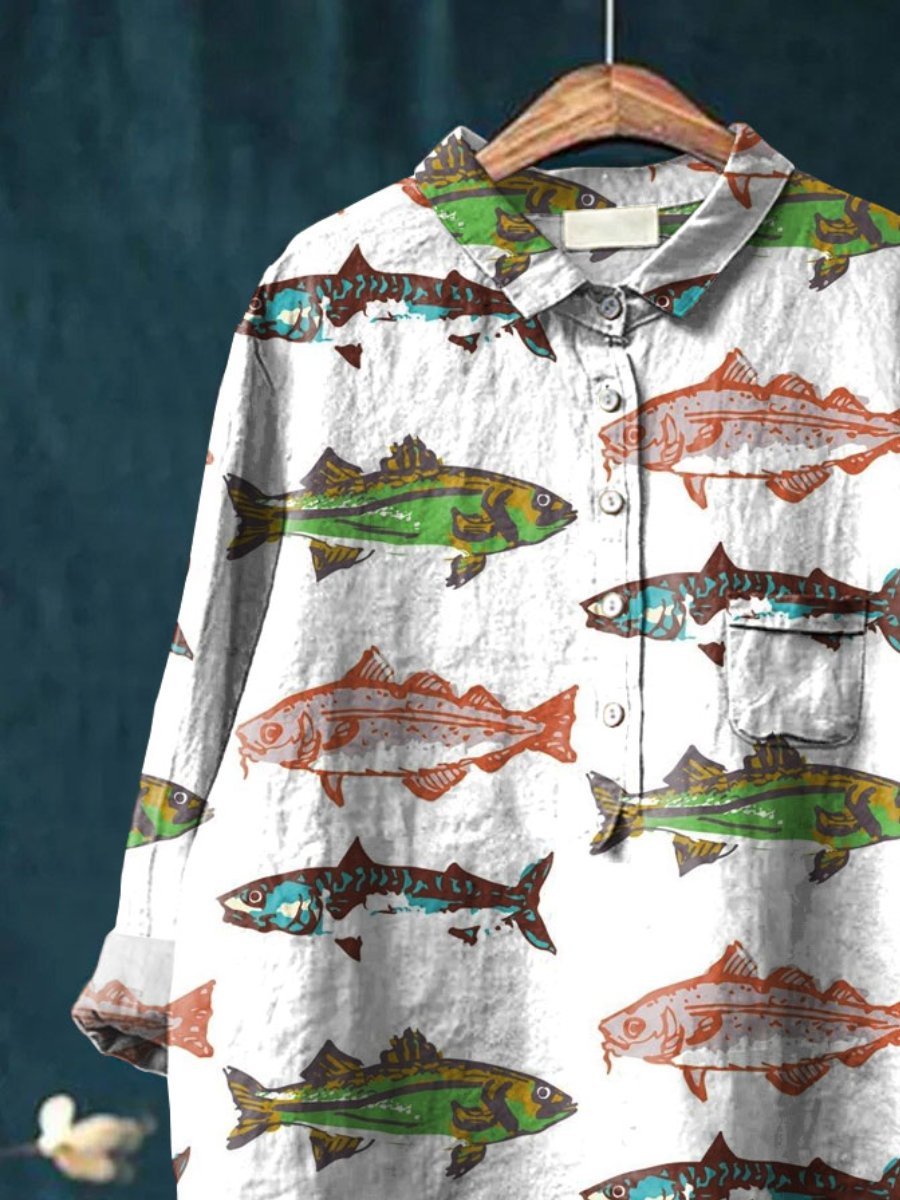 Women's Fish Art Print Casual Cotton And Linen Shirt