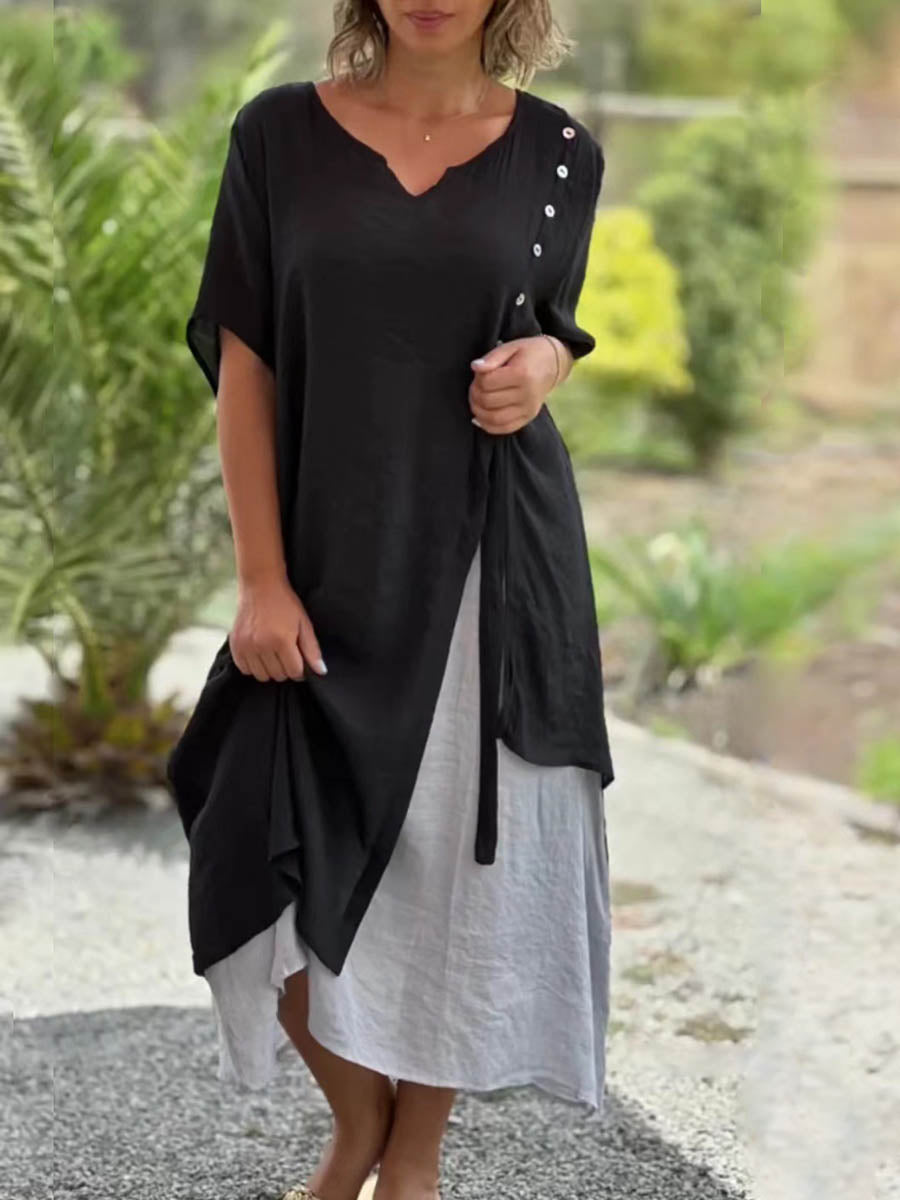 Women's Solid Color Casual Loose Elegant V-neck Asymmetrical Cotton And Linen Dress