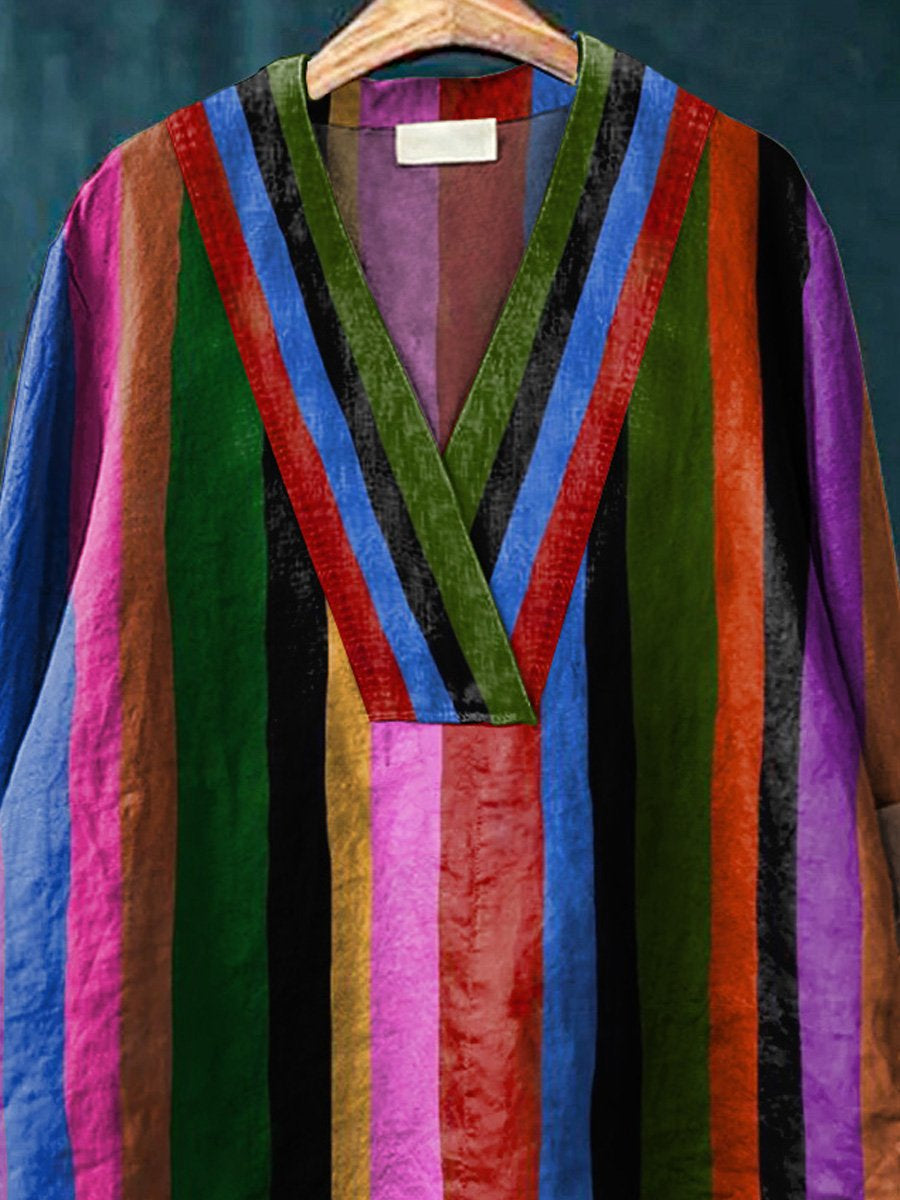Multicolor Strip Pattern Printed Women's Casual Cotton And Linen V-neck Shirt