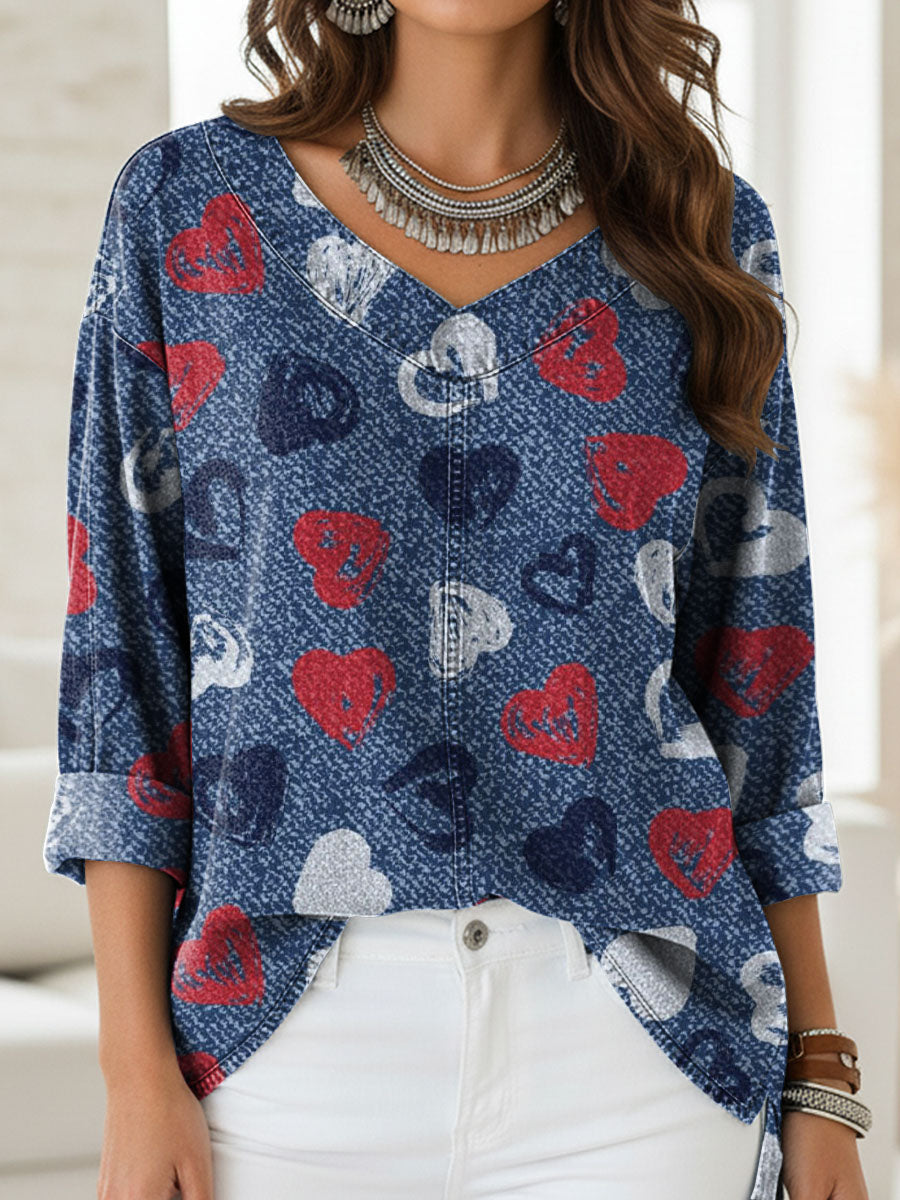Women's Vintage Heart Art Print Casual Denim Shirt