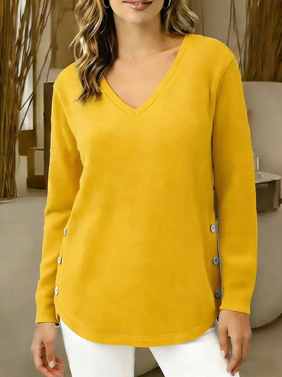 Women's Solid Color V-neck Long-sleeved Loose Casual Top