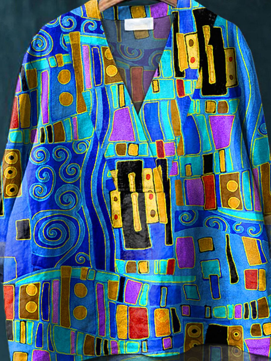 Women's Abstrct Art Print Casual Cotton And Linen V-neck Shirt