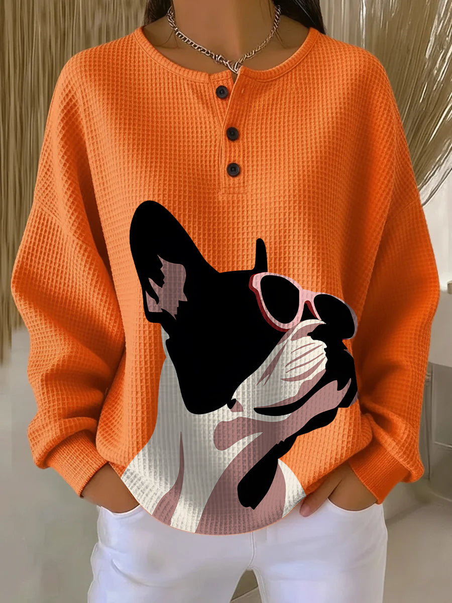 Women's Vintage French Bulldog Wearing Sunglasses Art Print Casual Waffle Henry Collar Sweatshirt