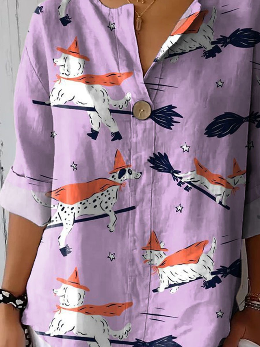 Women's Vintage Lovely Dogs Art Print Casual Cotton Linen Shirt