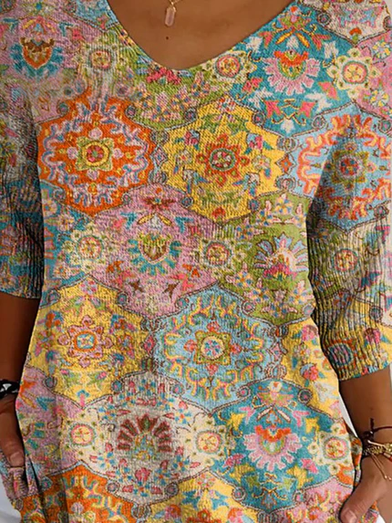 Pull décontracté en maille à imprimé floral ethnique vintage pour femme