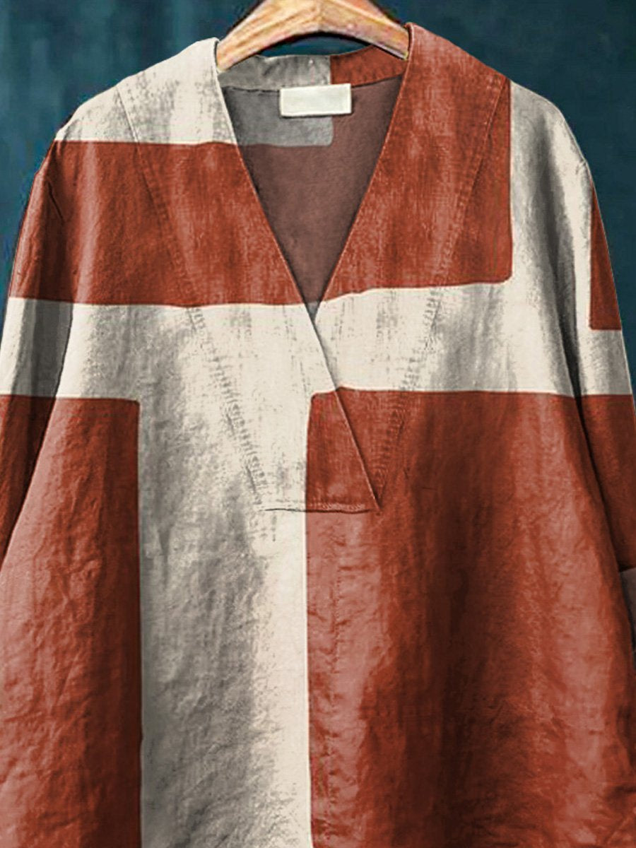 Abstract Color Block Pattern Printed Women's Casual Cotton And Linen V-Neck Shirt