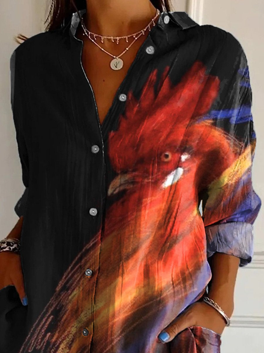 Oil Painting Rooster Art Printed Women's Casual Cotton Shirt